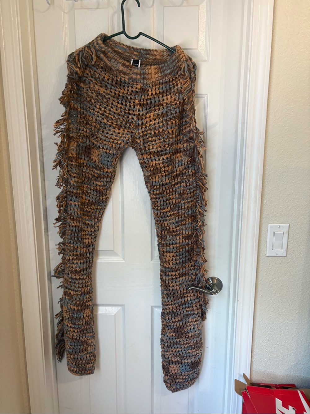 Handmade Chunky Knit Fringe Pants in Brown and Gray